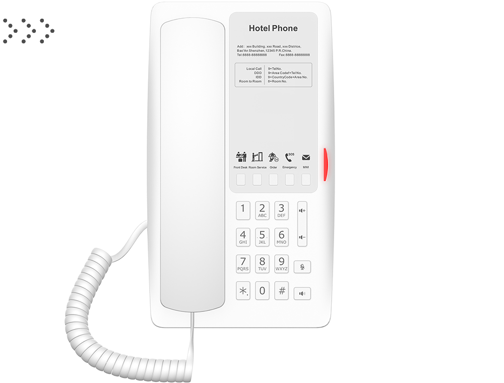 IP телефон Fanvil для отелей 2 SIP Lines
1 USB Port for phone charging
6 Soft keys programmable service hotline                          
Hotspot:                         
PoE                                         
HD Voice    PSU