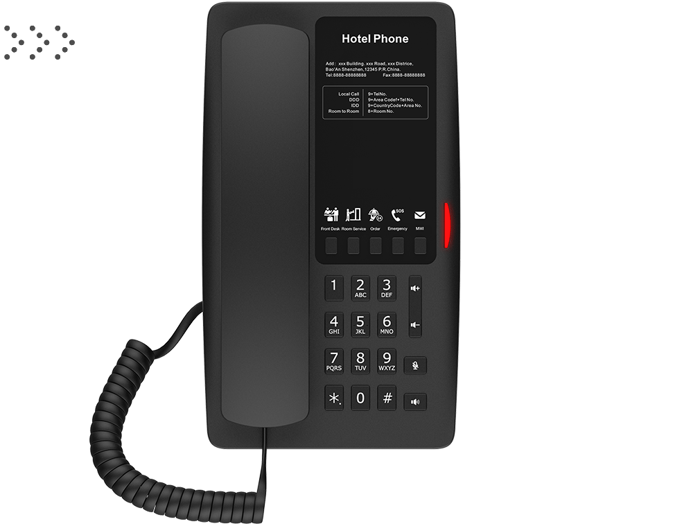 IP телефон Fanvil для отелей 2 SIP Lines
1 USB Port for phone charging
5 Soft keys programmable service hotline                          
2.4GHz&5GHz,Wi-Fi 6                          
PoE                                         
HD Voice    PSU