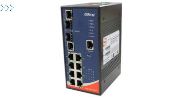 Коммутатор промышленный ORing 8x 10/100TX (RJ-45) PoE+ (30W) + 2x Gigabit Combo (SFP/RJ-45), 2х50~57VDC, -40 ~70°С, Поддержка резервирования Ethernet O-Ring, Open-Ring, O-Chain