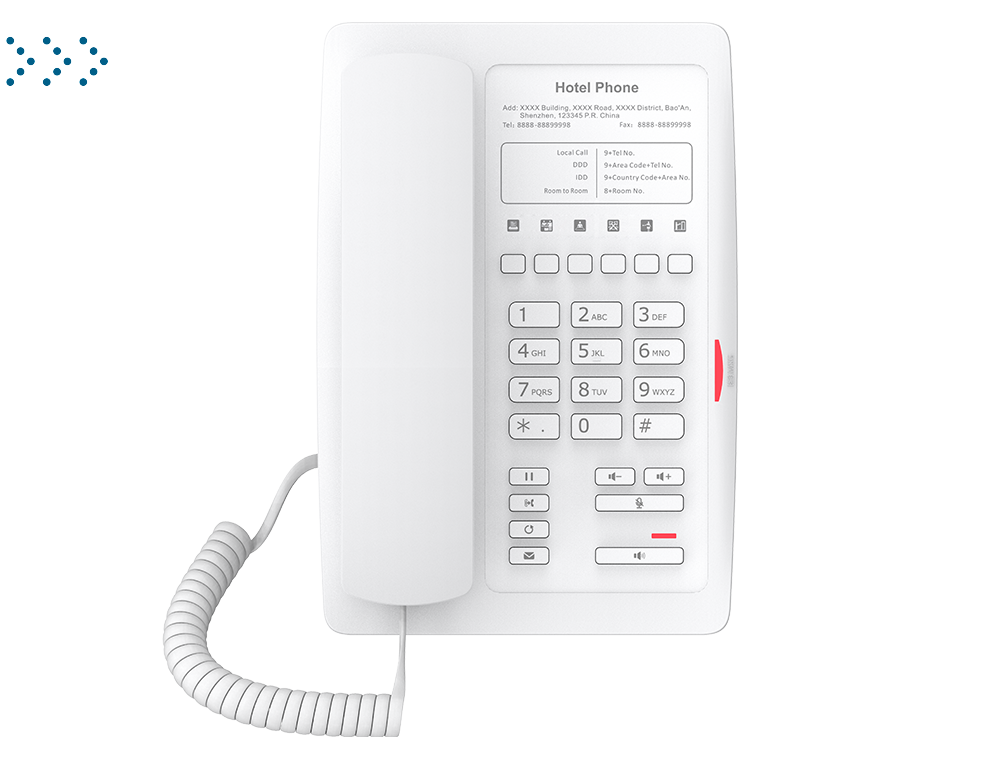 IP телефон Fanvil для отелей 1 USB Port for phone charging
6 Soft keys programmable service hotline                          
Hotspot:                         
PoE                                         
HD Voice    PSU